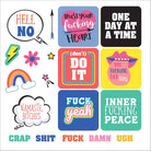 Colorful grid of motivational phrases with bold language, featuring a heart, rainbow, and speech bubbles. Energetic and empowering tone.