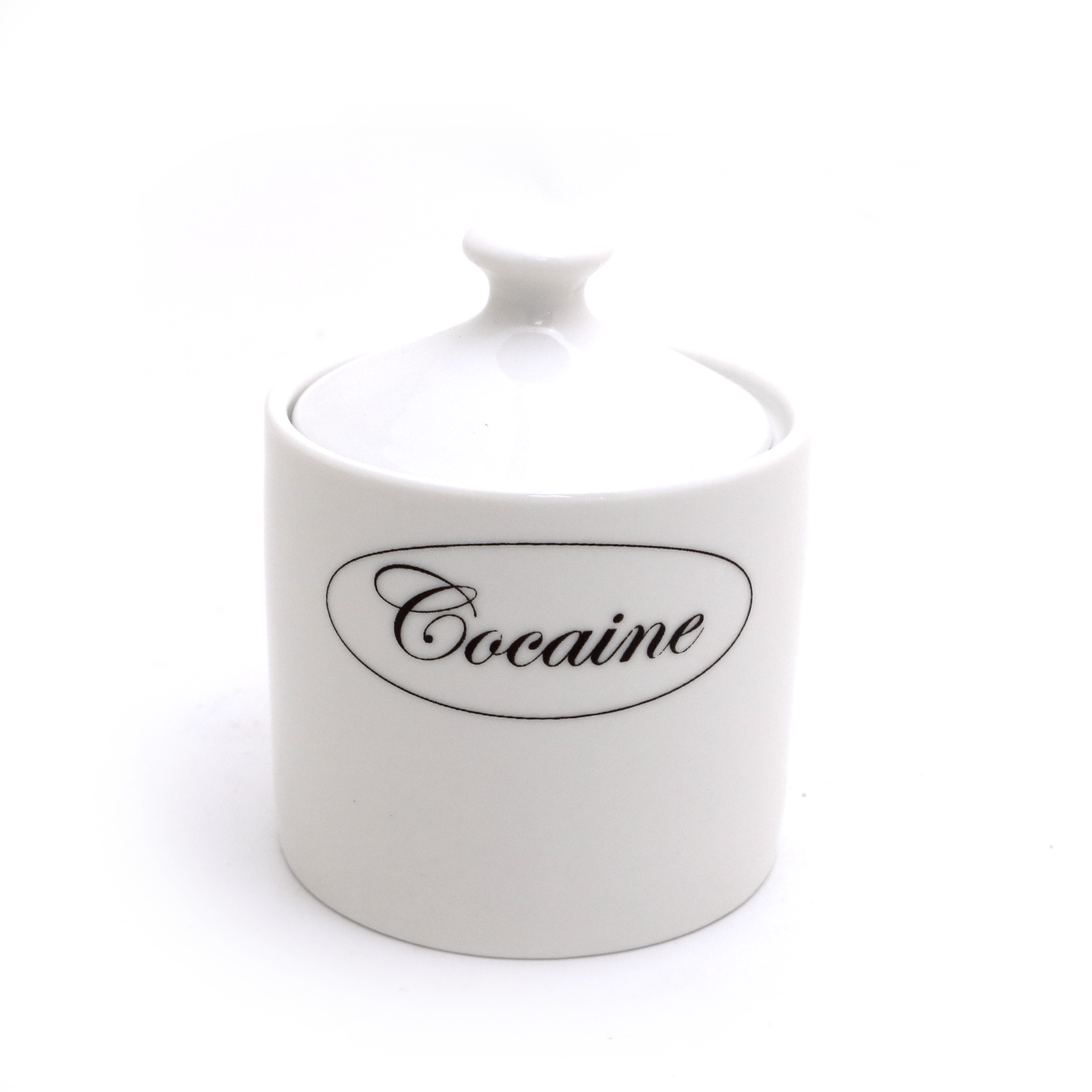 White sugar container with 'Cocaine' text on a white background