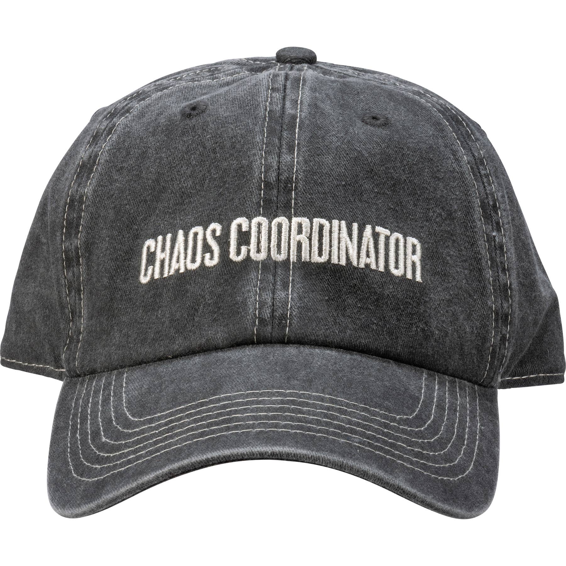 A charcoal gray, distressed-style baseball cap with the words 'CHAOS COORDINATOR' embroidered in cream-colored, capitalized serif font on the front.