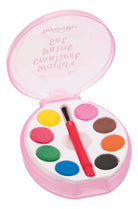 A pink plastic case holds a set of colorful watercolor paints, including yellow, pink, brown, green, and blue, with a red brush in the center.