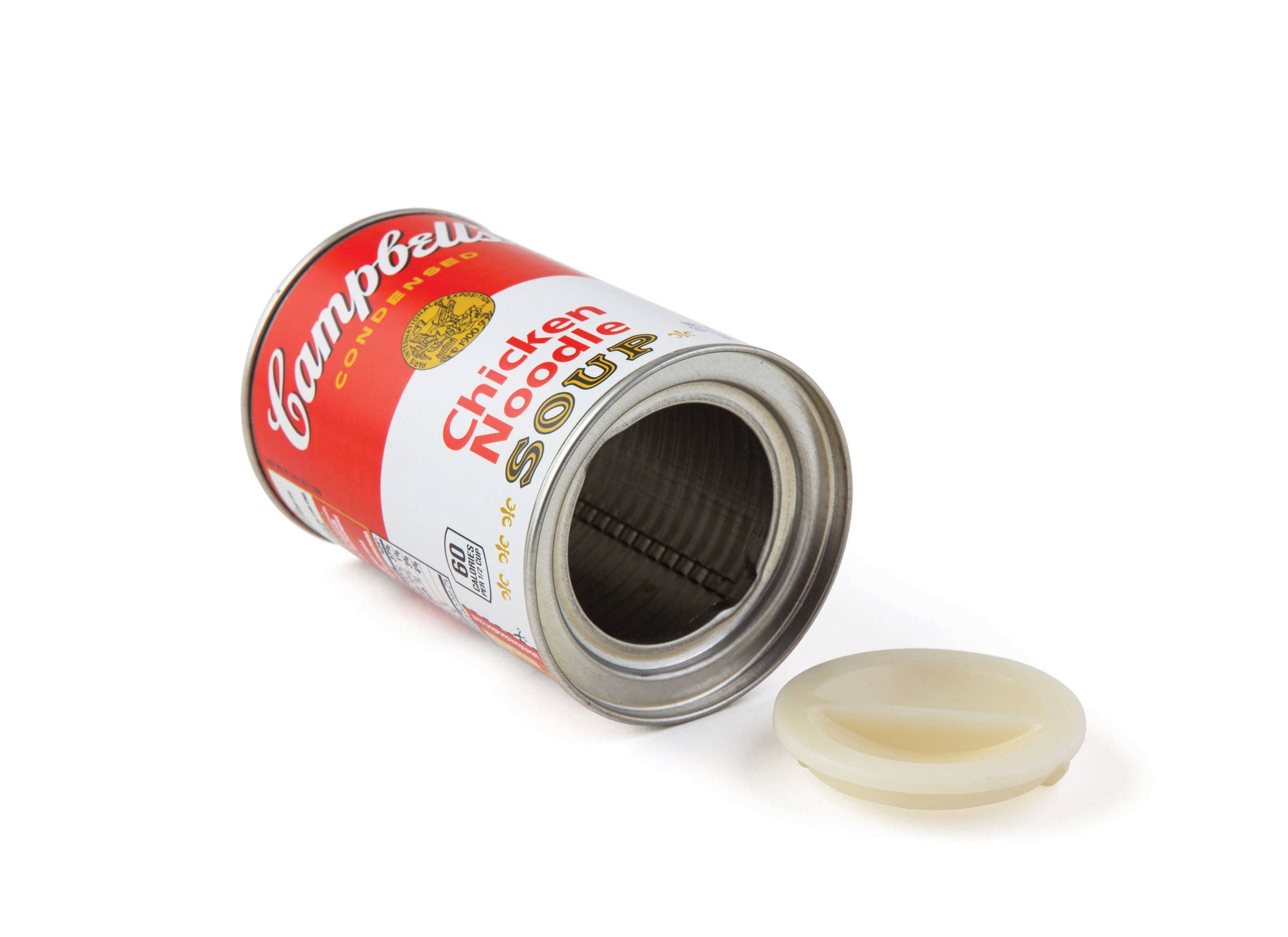 Open Campbell’s chicken noodle soup can with a detached lid on a white background. The can is laid on its side, conveying an iconic pop-art feel.