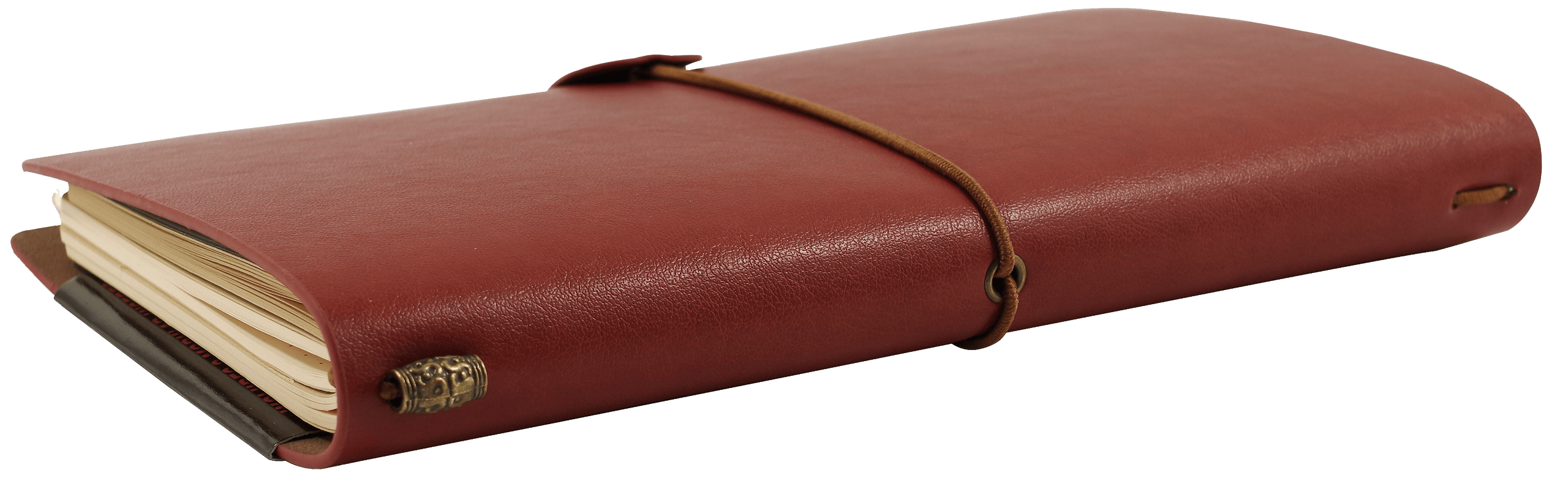 A closed brown leather journal with a wrap-around cord, laying on a transparent background; evokes a sense of adventure and nostalgia.
