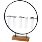 Modern art piece with five clear test tubes hanging within a circular black metal frame on a wooden base. Minimalist and industrial design.