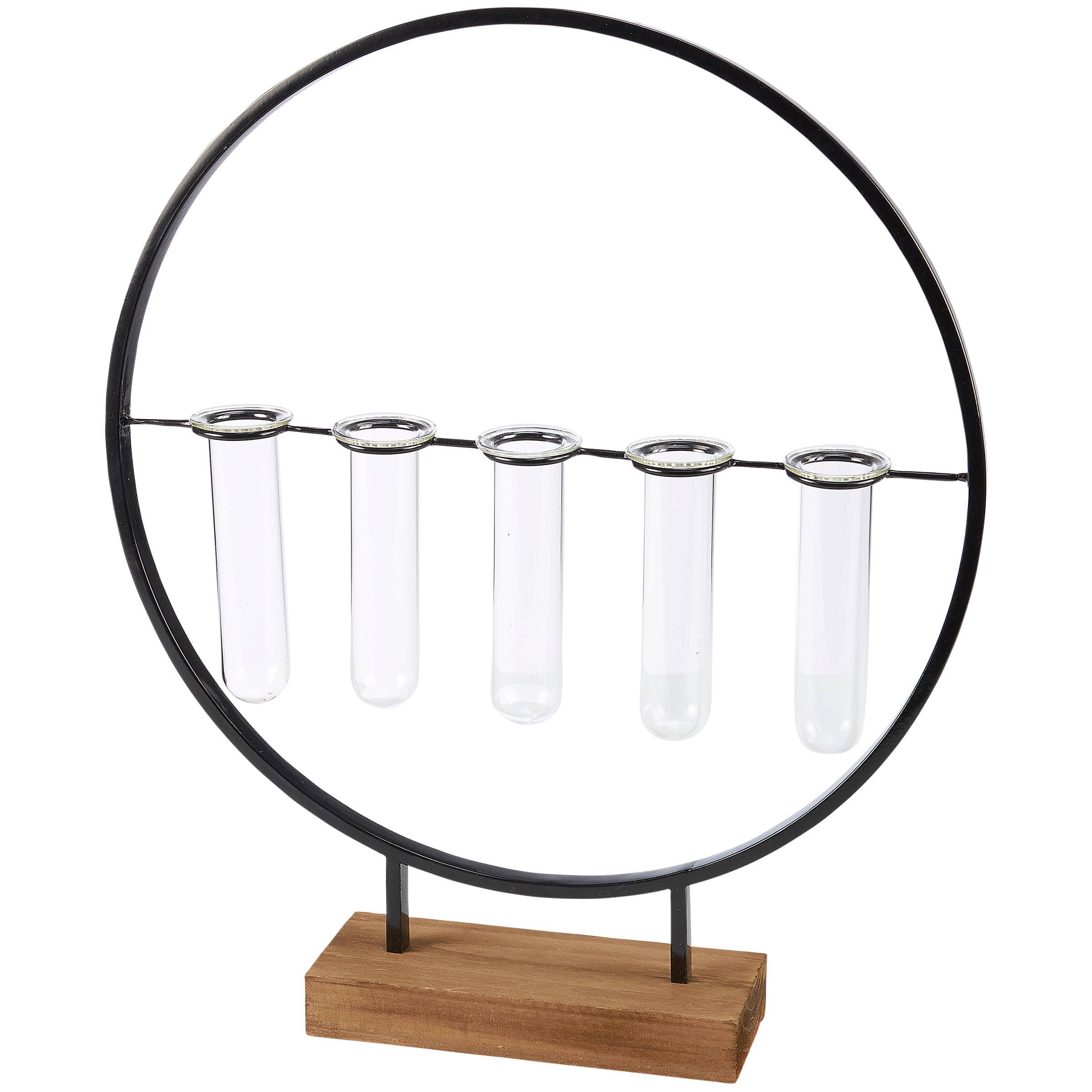 Modern art piece with five clear test tubes hanging within a circular black metal frame on a wooden base. Minimalist and industrial design.