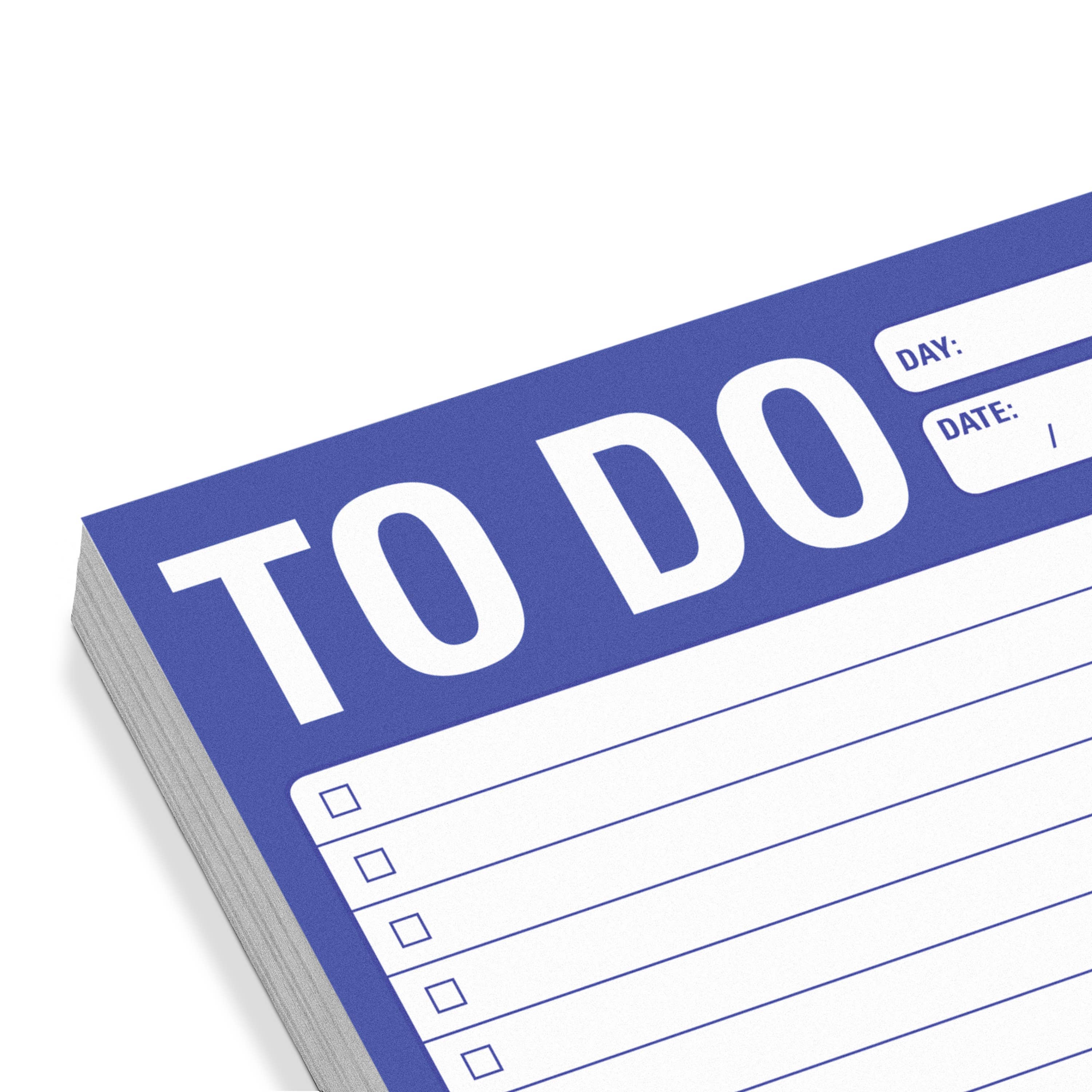 Stacked to-do list sheets with a blue border and bold "TO DO" title at the top. Lines and checkboxes are below, with spaces for day and date, conveying organization.