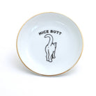 White dish with gold rim featuring a black cat illustration and 'Nice Butt' text on a white background