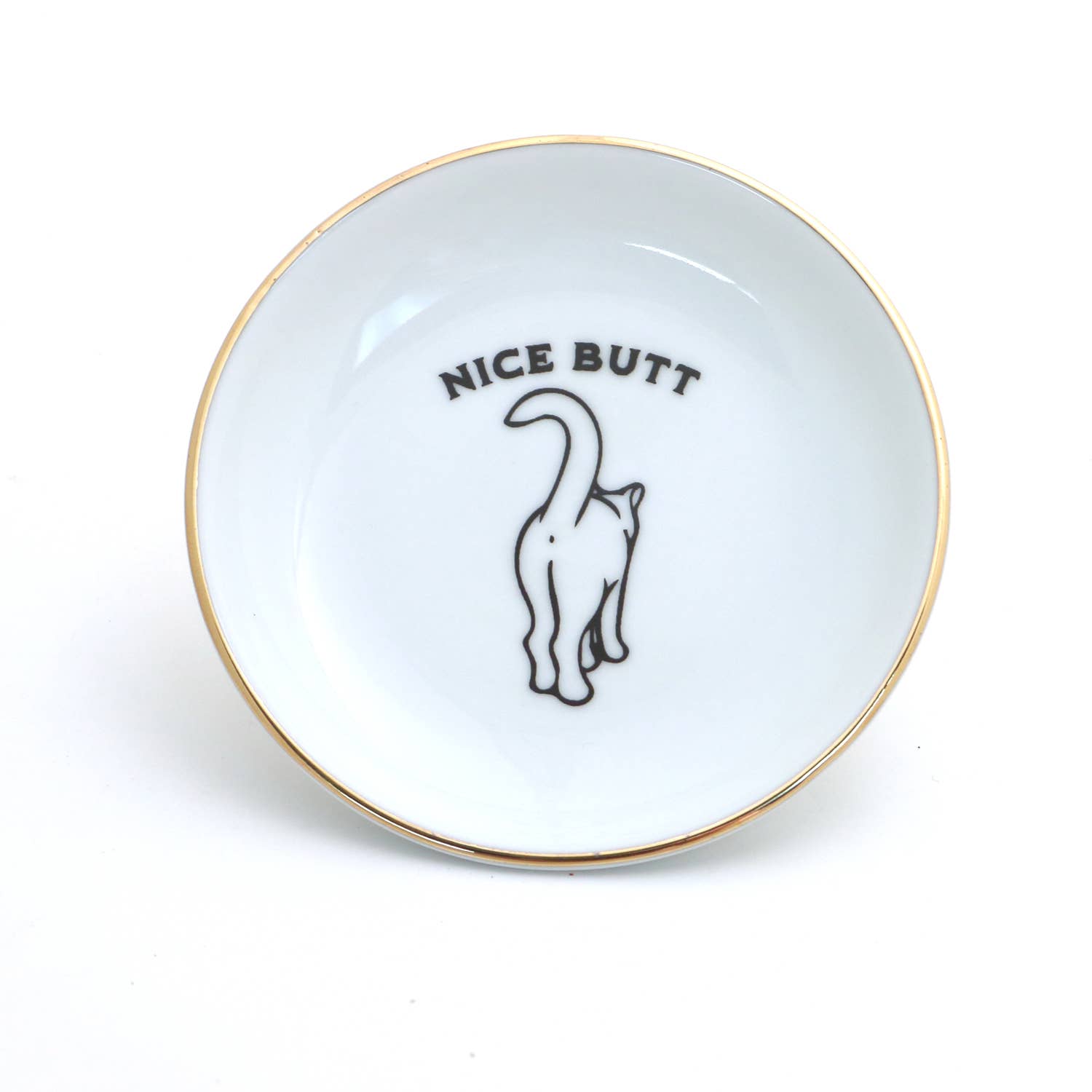 White dish with gold rim featuring a black cat illustration and 'Nice Butt' text on a white background