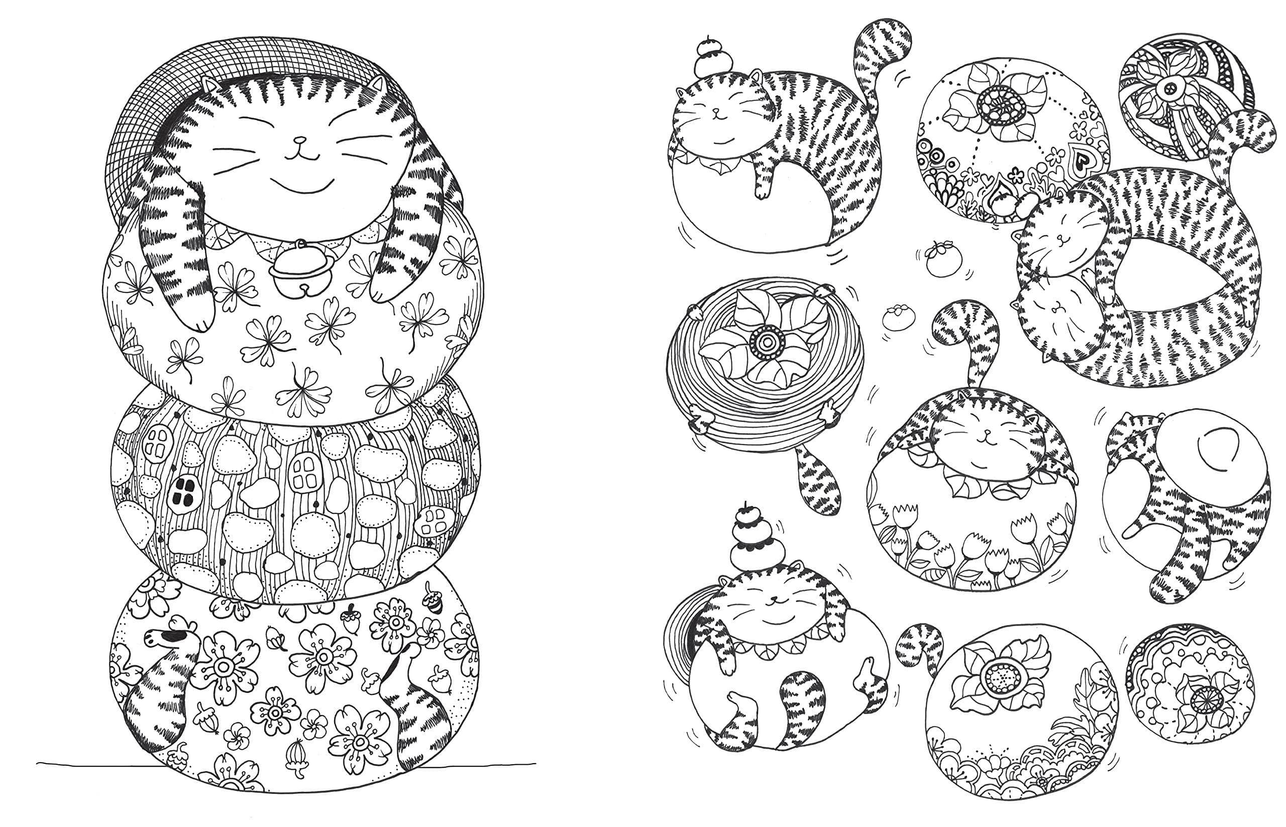 A cute, smiling cat is stacked in three patterned layers on the left. On the right, whimsical round cats in various poses offer playful, cozy vibes.