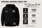Promotional graphic for a Fall Business Bundle showing a black zip-up hoodie, a black beanie, and a black t-shirt with placeholder embroidered logos, alongside pricing and bundle options from 1 to 10 on a light gray background.