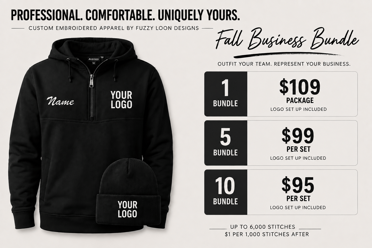 Promotional graphic for a Fall Business Bundle showing a black zip-up hoodie, a black beanie, and a black t-shirt with placeholder embroidered logos, alongside pricing and bundle options from 1 to 10 on a light gray background.
