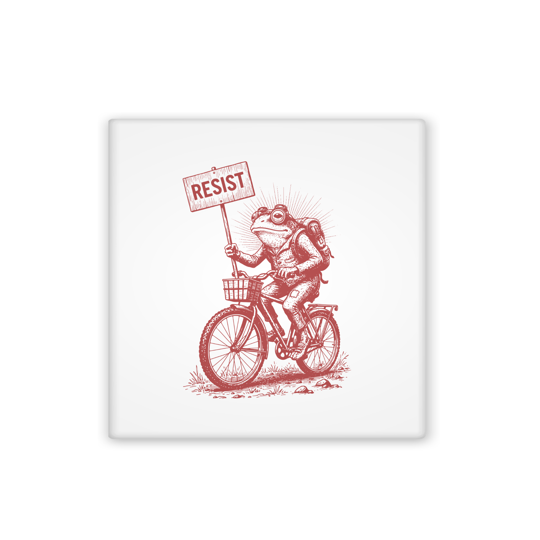 Red illustration of a frog on a bicycle holding a 'Resist' sign on a white background