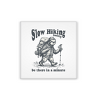 Sloth with backpack and hiking gear, labeled 'Slow Hiking Society', on a white background.