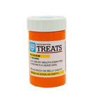 Orange prescription bottle labeled "TREAT" for dogs. Humorous text suggests giving a treat to good dogs, adding a playful tone. The lid is white.