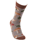 A gray sock featuring an earthy mushroom and snail pattern, with brown at the cuff, heel, and toe. The design is playful and whimsical.