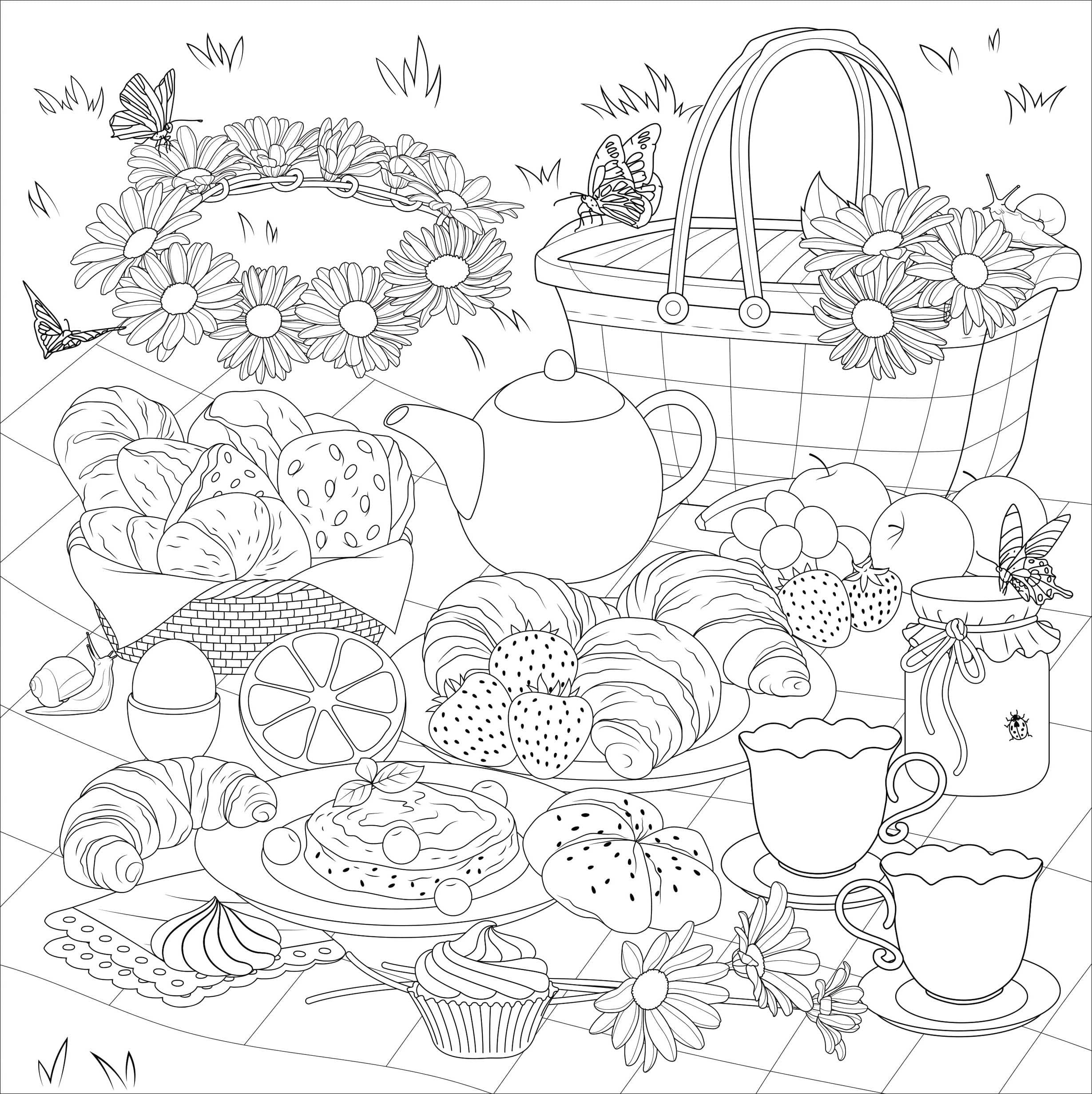 A detailed picnic spread with pastries, a teapot, fruits, and flowers on a blanket. Butterflies flutter around, conveying a serene outdoor setting.