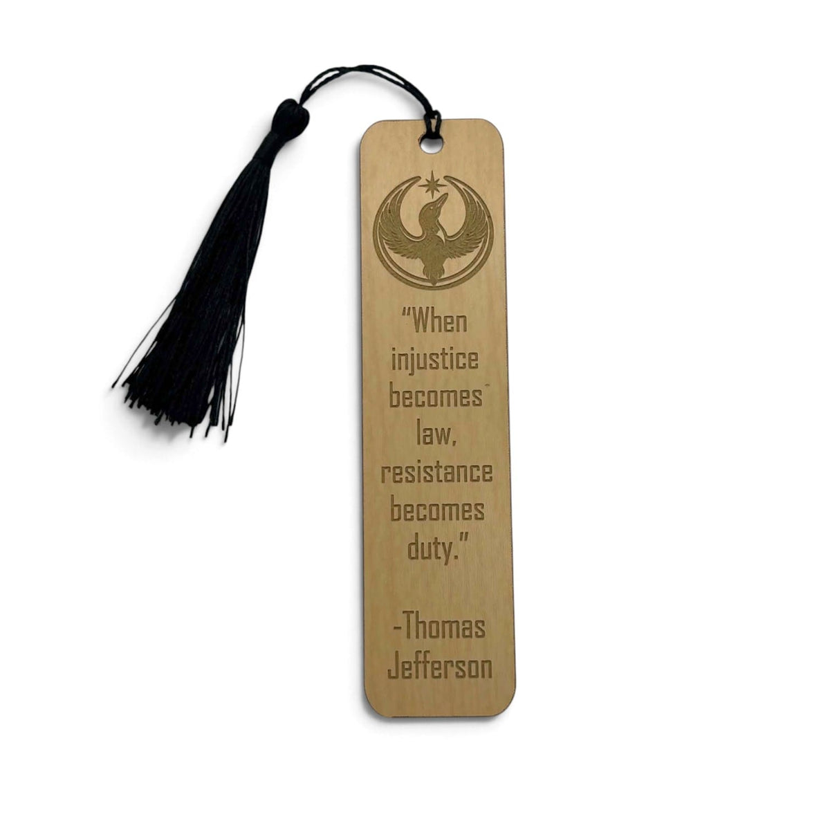 Rebel Loon engraved wood bookmark with black tassel