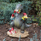 A whimsical scene with a dinosaur figurine in a garden, surrounded by small gnome statues. Some gnomes are climbing on its back, while one is being playfully chomped. The setting is lighthearted and humorous.