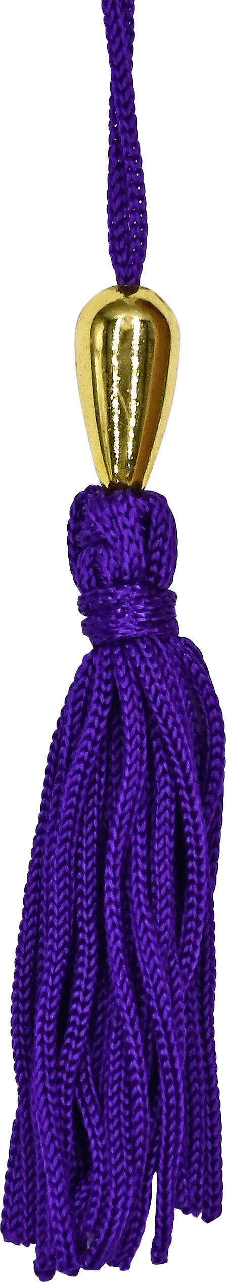 A vibrant purple tassel with a gold cap is suspended against a transparent checkered background. The tassel's threads hang loosely, creating an elegant look.