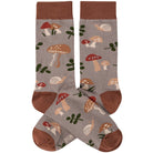 Brown and gray socks featuring playful prints of mushrooms, snails, and foliage. The design conveys a whimsical, nature-inspired theme.