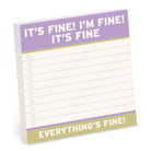 Sticky notes with lined pages, featuring playful text in purple at the top: "IT'S FINE! I'M FINE! IT'S FINE," and at the bottom: "EVERYTHING'S FINE!"