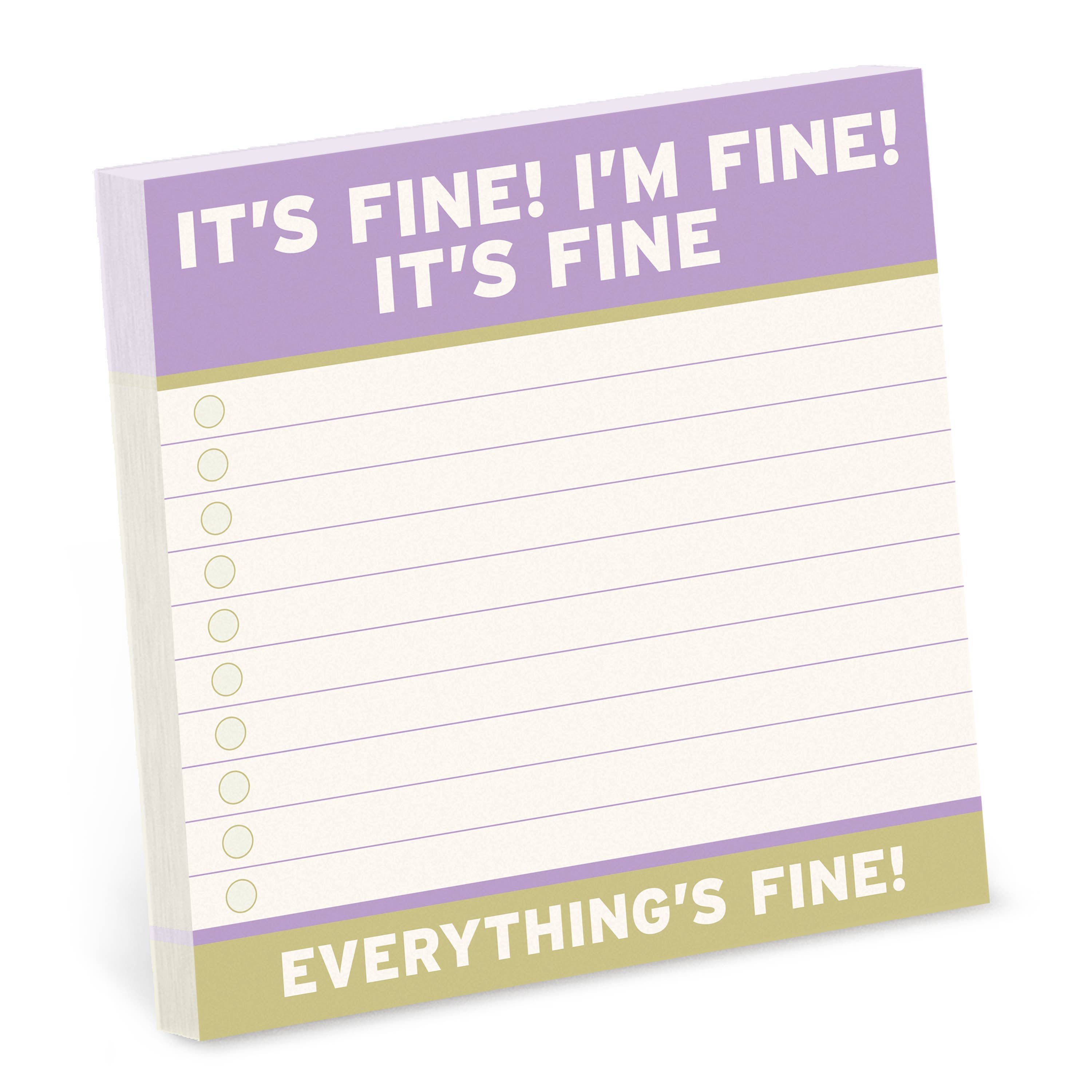 Sticky notes with lined pages, featuring playful text in purple at the top: "IT'S FINE! I'M FINE! IT'S FINE," and at the bottom: "EVERYTHING'S FINE!"