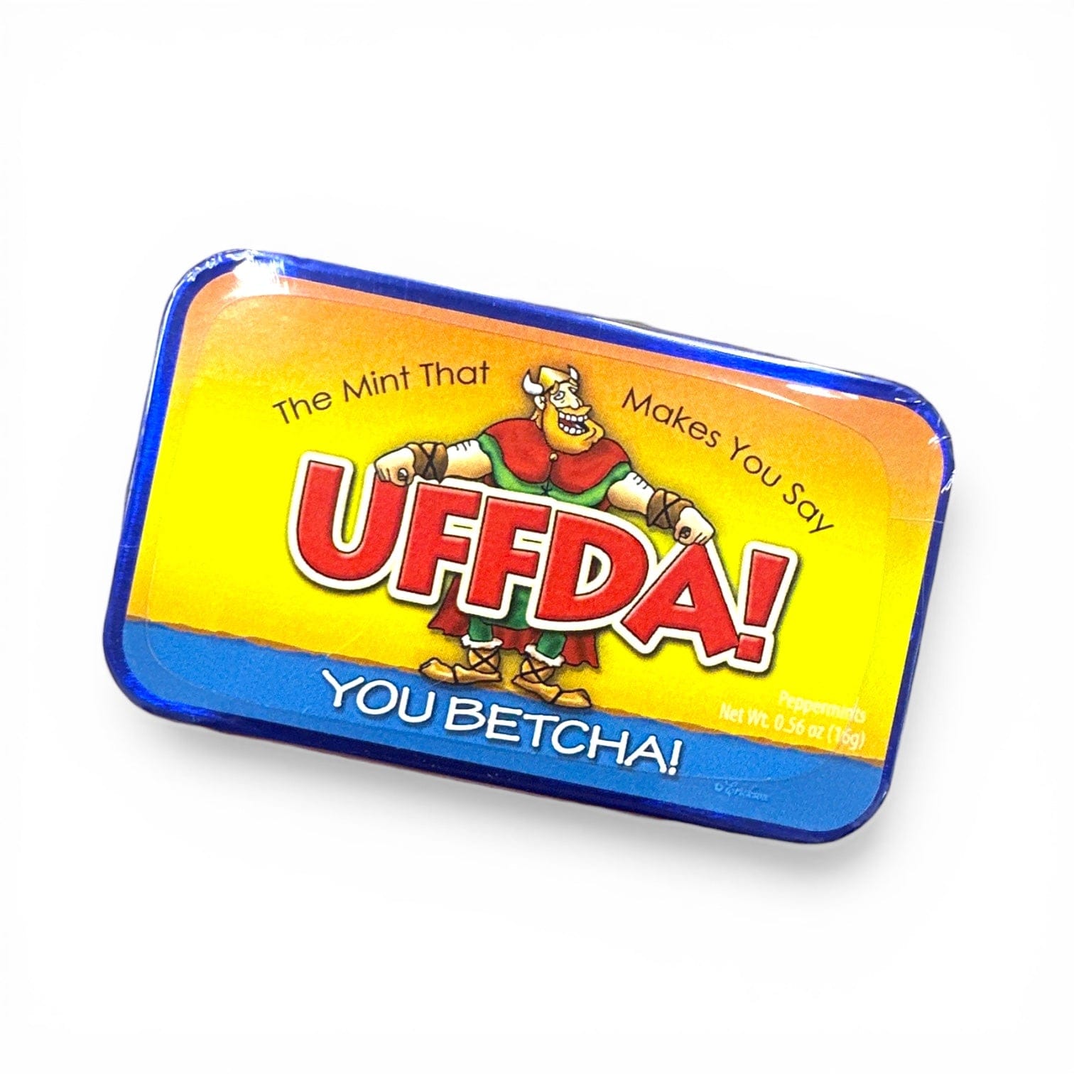 Mint tin with colorful label featuring cartoon character and text “U Betcha!” on a white background