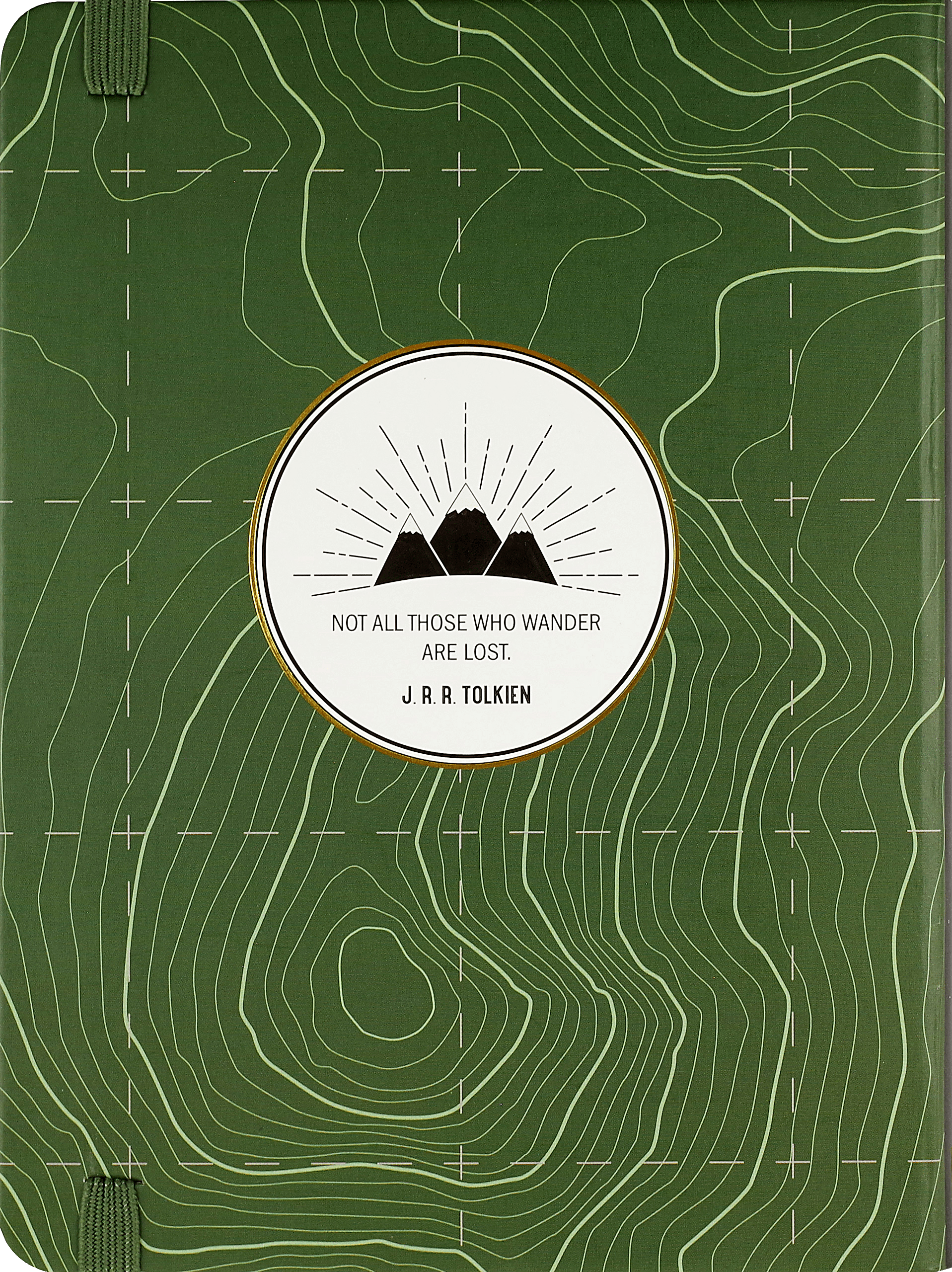 Green background with contour lines like a map. Centered is a white circle with mountains and rays, featuring the quote, "Not all those who wander are lost. J.R.R. Tolkien." The tone is adventurous.