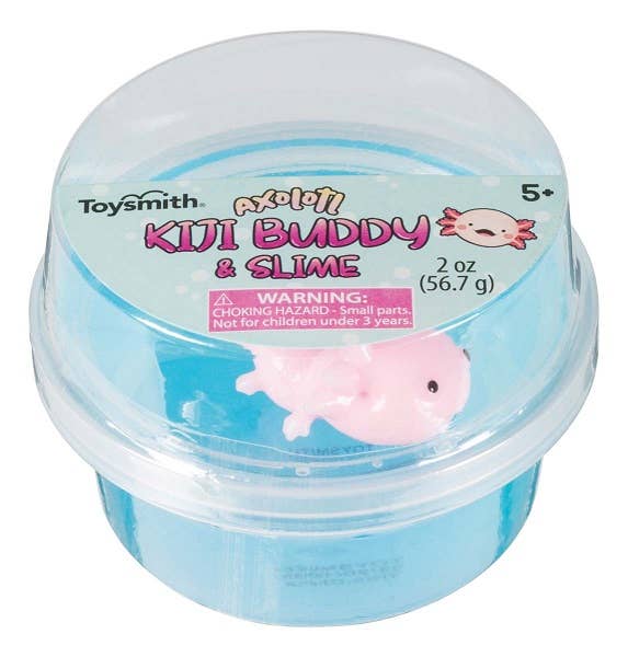 A clear container labeled "Toysmith Axolotl Kiji Buddy & Slime" with a pink axolotl toy in blue slime. Warning for small parts. Suitable for ages 5+.