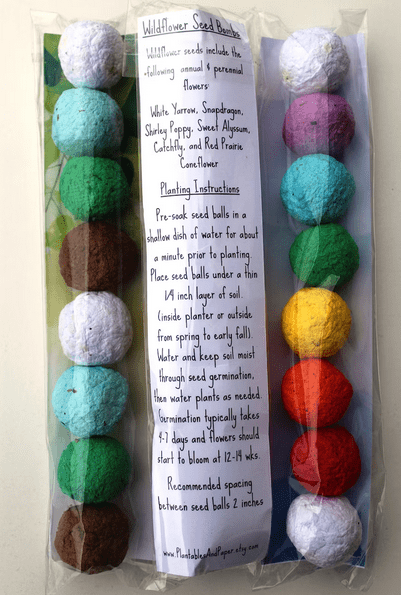 Colorful seed balls in clear packaging beside instructions. Colors include white, blue, brown, green, purple, yellow, red. Labels list wildflowers and planting tips.