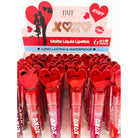 Lipstick display with red heart-shaped caps. Packaging shows a couple silhouette and heart motifs. Labels read "Matte Liquid Lipstick" and "Long Lasting & Waterproof."