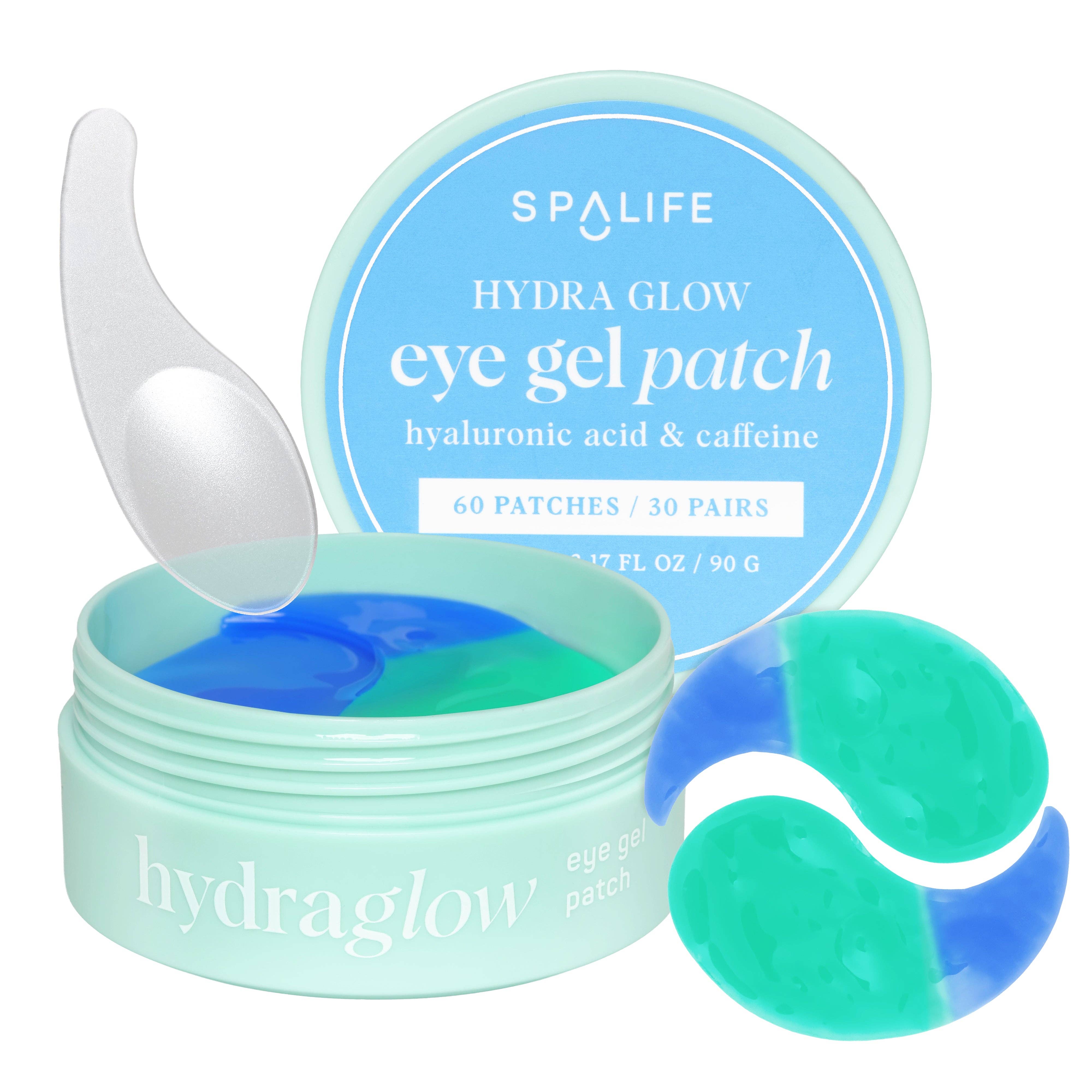 Light blue Hydra Glow eye gel patch container with the lid reading "SpaLife," containing blue and green patches. Nearby are two crescent-shaped patches.