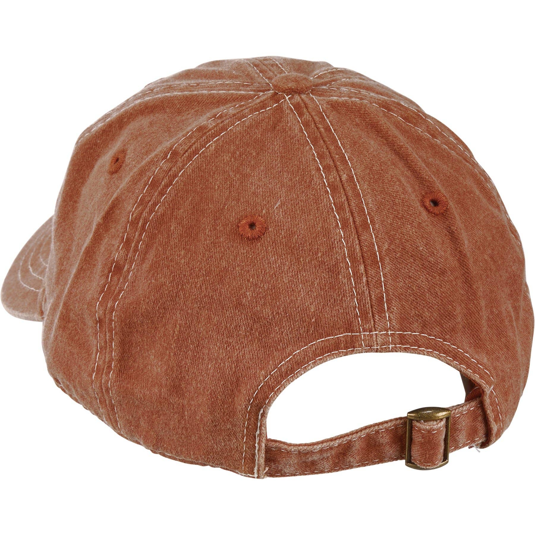 Rear view of a worn, brown baseball cap with white stitching and a bronze buckle. The cap has ventilation holes, conveying a casual, vintage vibe.