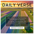 A vibrant landscape of tulip fields in various colors under a sunset sky. Text overlay: "Every Scripture is God-breathed... 2026 Daily Calendar."