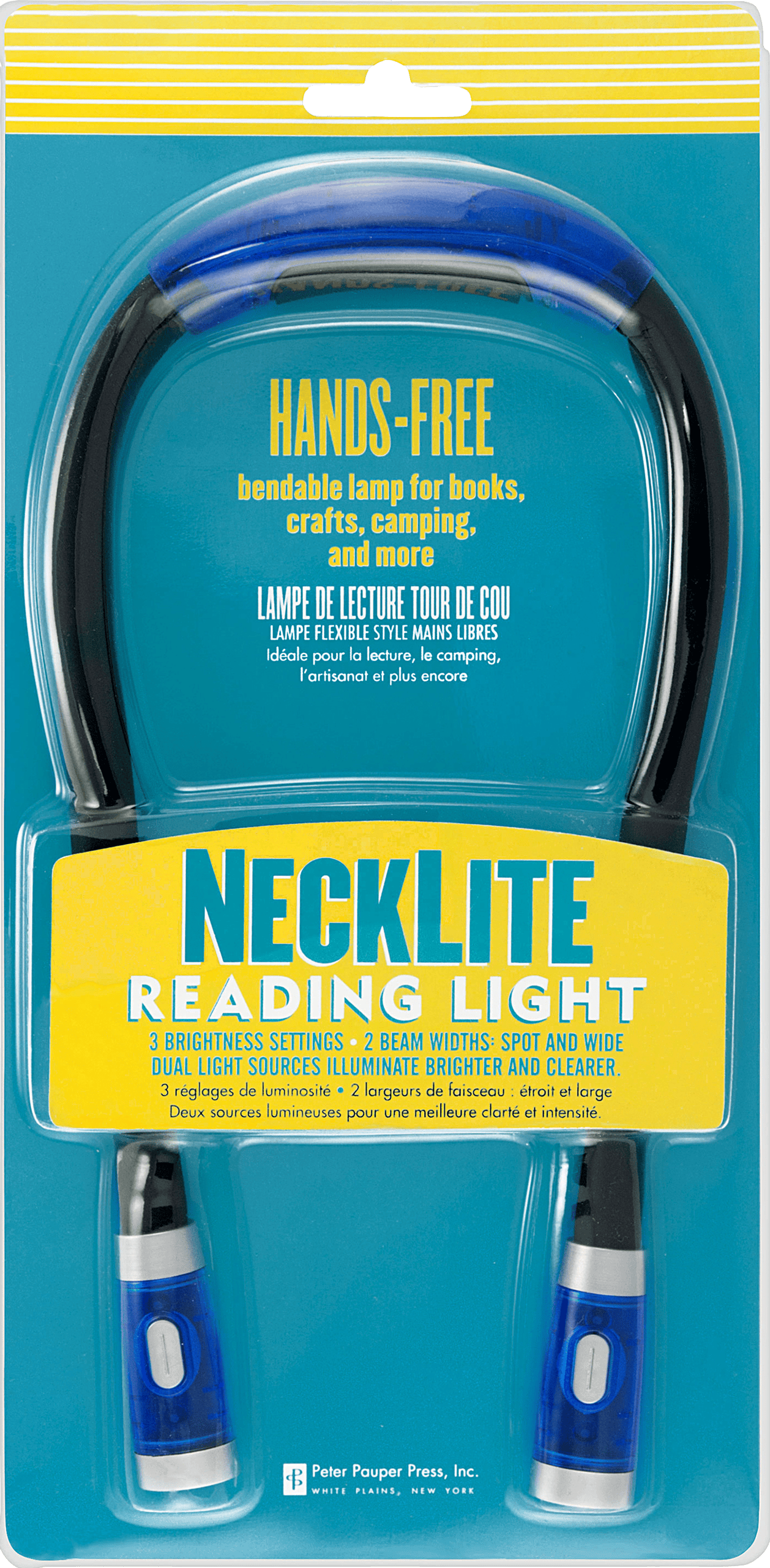 Packaging of a "Hands-Free Necklite Reading Light" featuring a bendable, dual-light necklamp for books and crafts. Text highlights features.