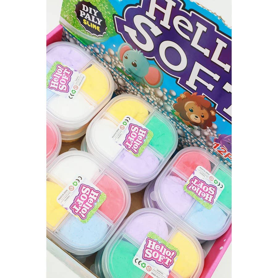 Packaged slime products with 'Hello Soft' branding on a white background