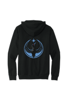 Black hoodie with blue emblem on a white background 'Minnesota Rebel Loon'