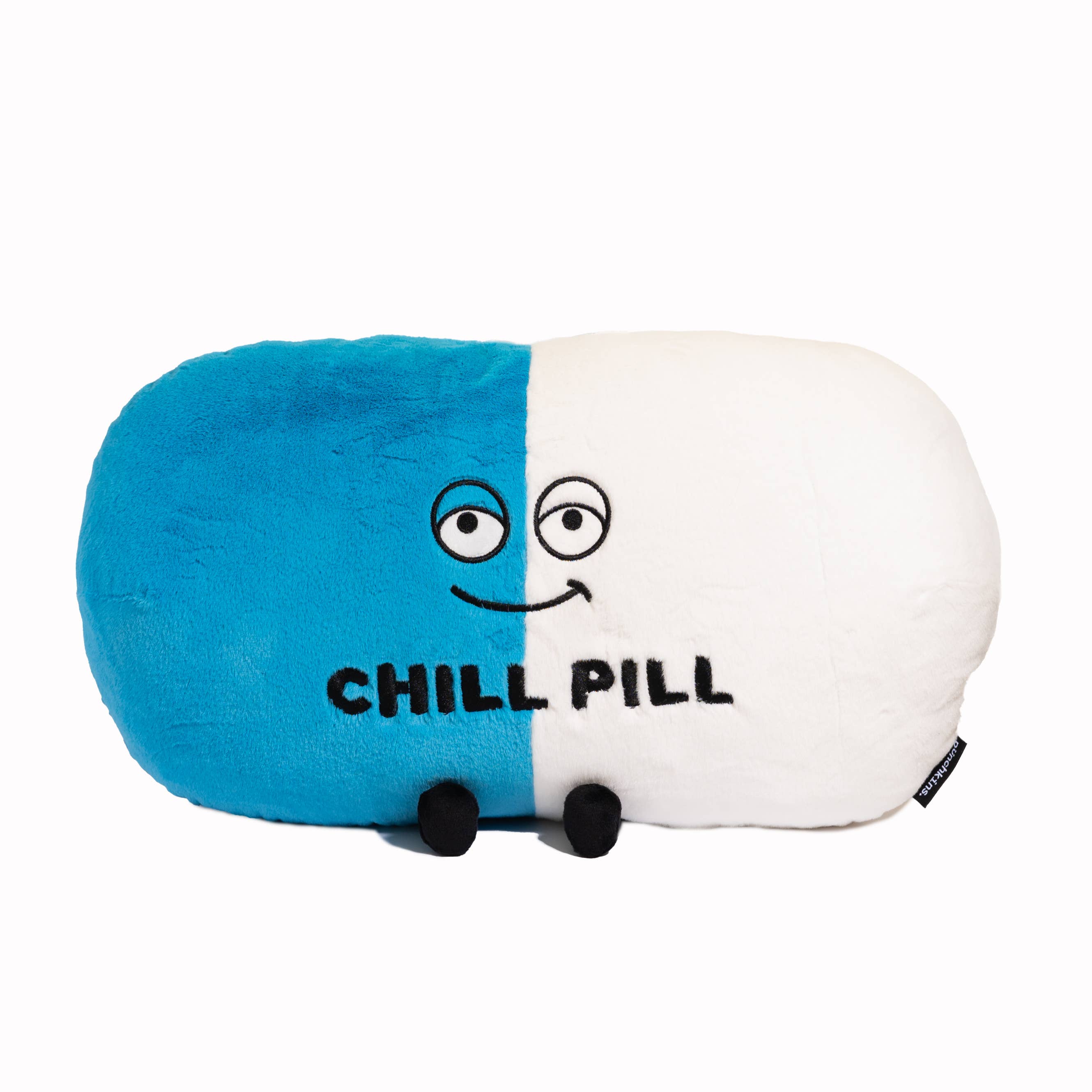 Chill Pill Stuffed Animal, Blue and White Pillow with legs and smiling face