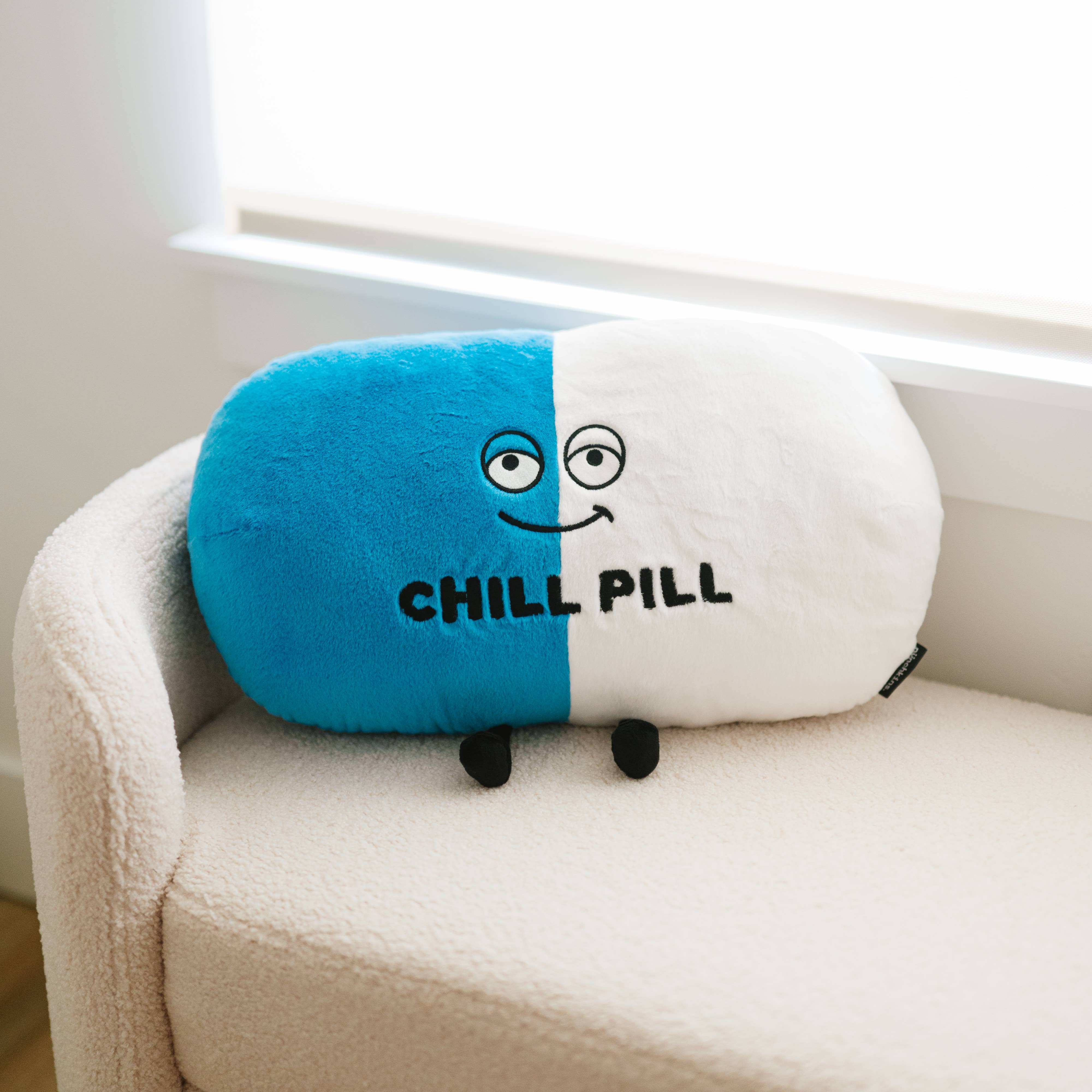 Chill Pill Stuffed Animal, Blue and White Pillow with legs and smiling face