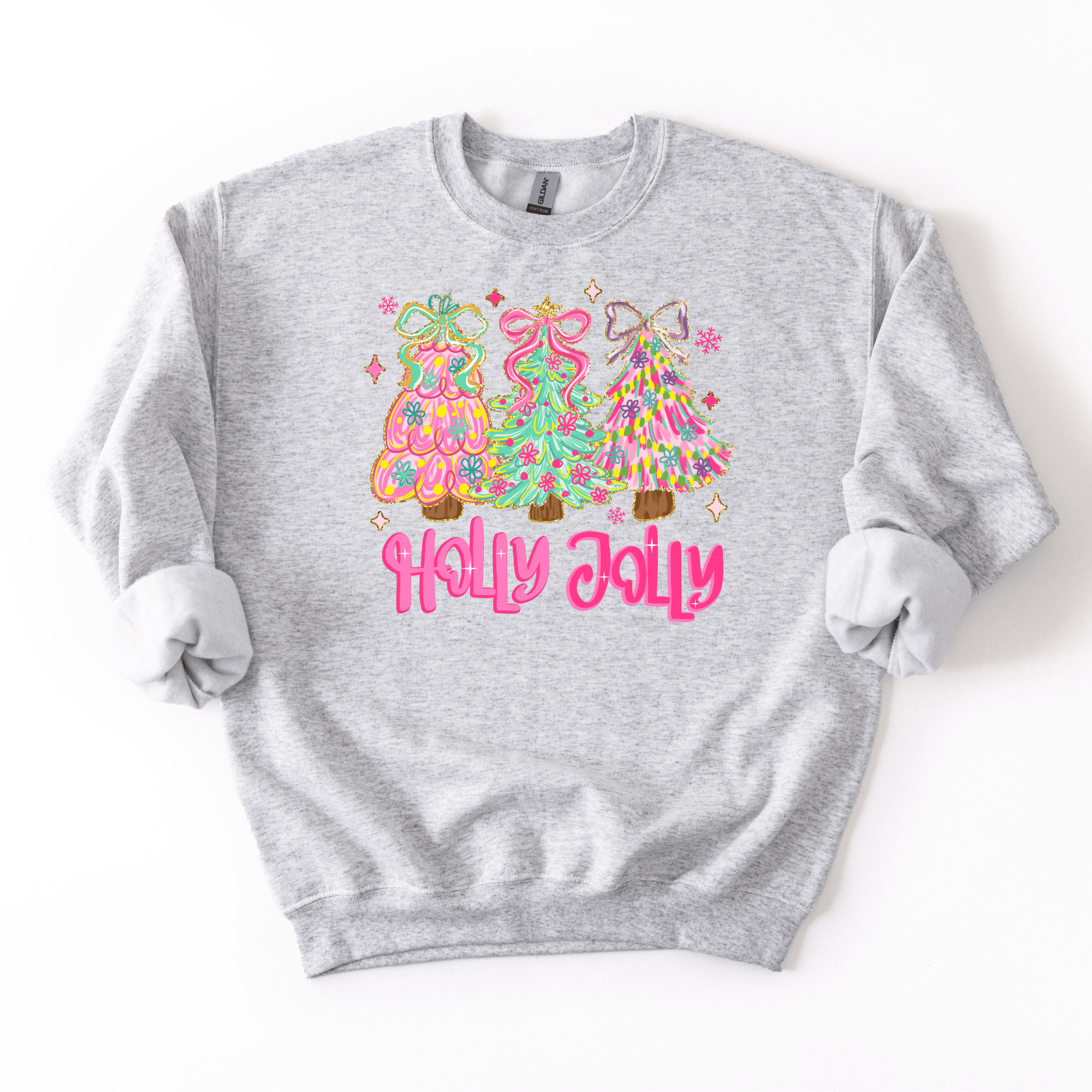 Gray sweatshirt with colorful Christmas tree design and 'Holly Jolly' text on a white background