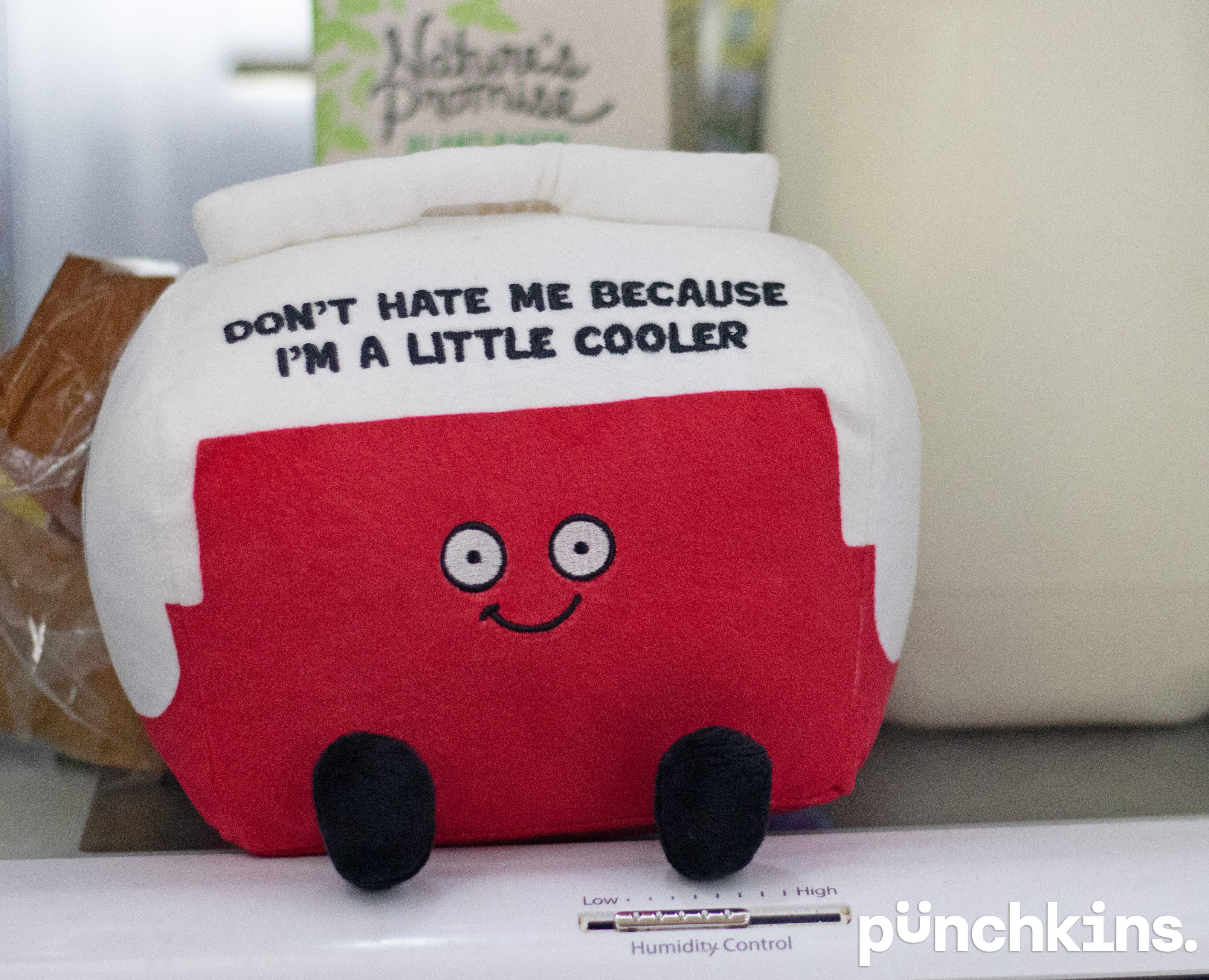 A cooler plushie with a white top and red bottom. The white top features black embroidered text that says, "Don't hate me because I'm a little cooler." The red section has a smiling face, with black legs sticking out from the bottom.