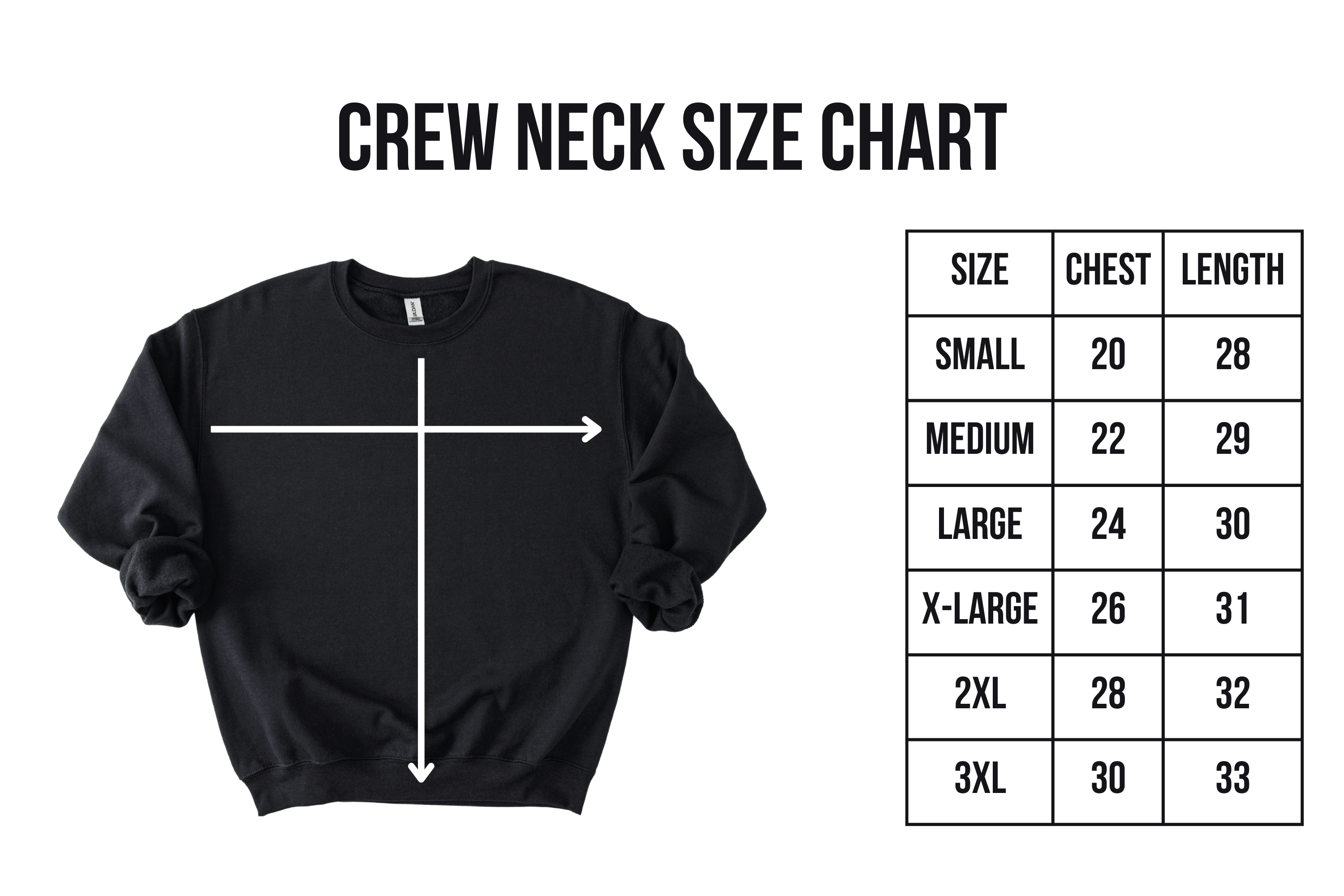 Black sweatshirt with a size chart on a white background