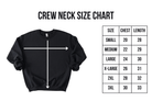 Black sweatshirt with a size chart on a white background