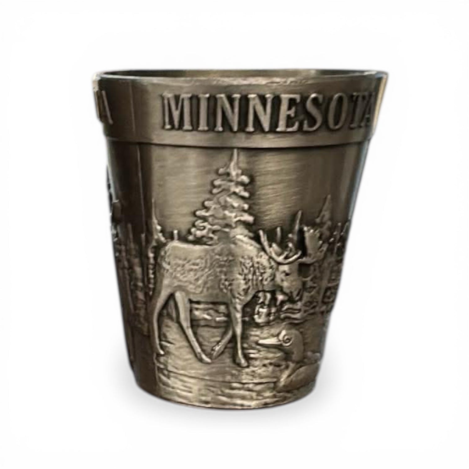 Bronze shot glass with 'MINNESOTA' text and nature design on a white background