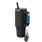 A matte charcoal grey Frost Buddy insulated tumbler with a handle, featuring a black straw and a set of car keys with a remote fob hanging from the handle by a silver carabiner, shown against a transparent background.