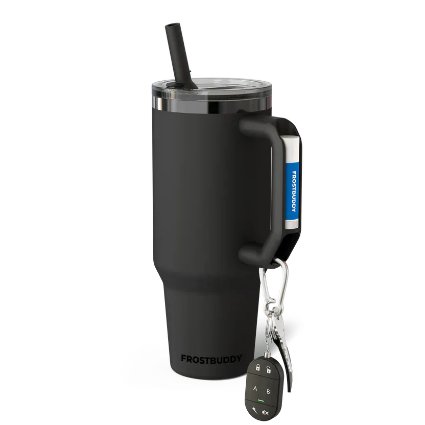A matte charcoal grey Frost Buddy insulated tumbler with a handle, featuring a black straw and a set of car keys with a remote fob hanging from the handle by a silver carabiner, shown against a transparent background.
