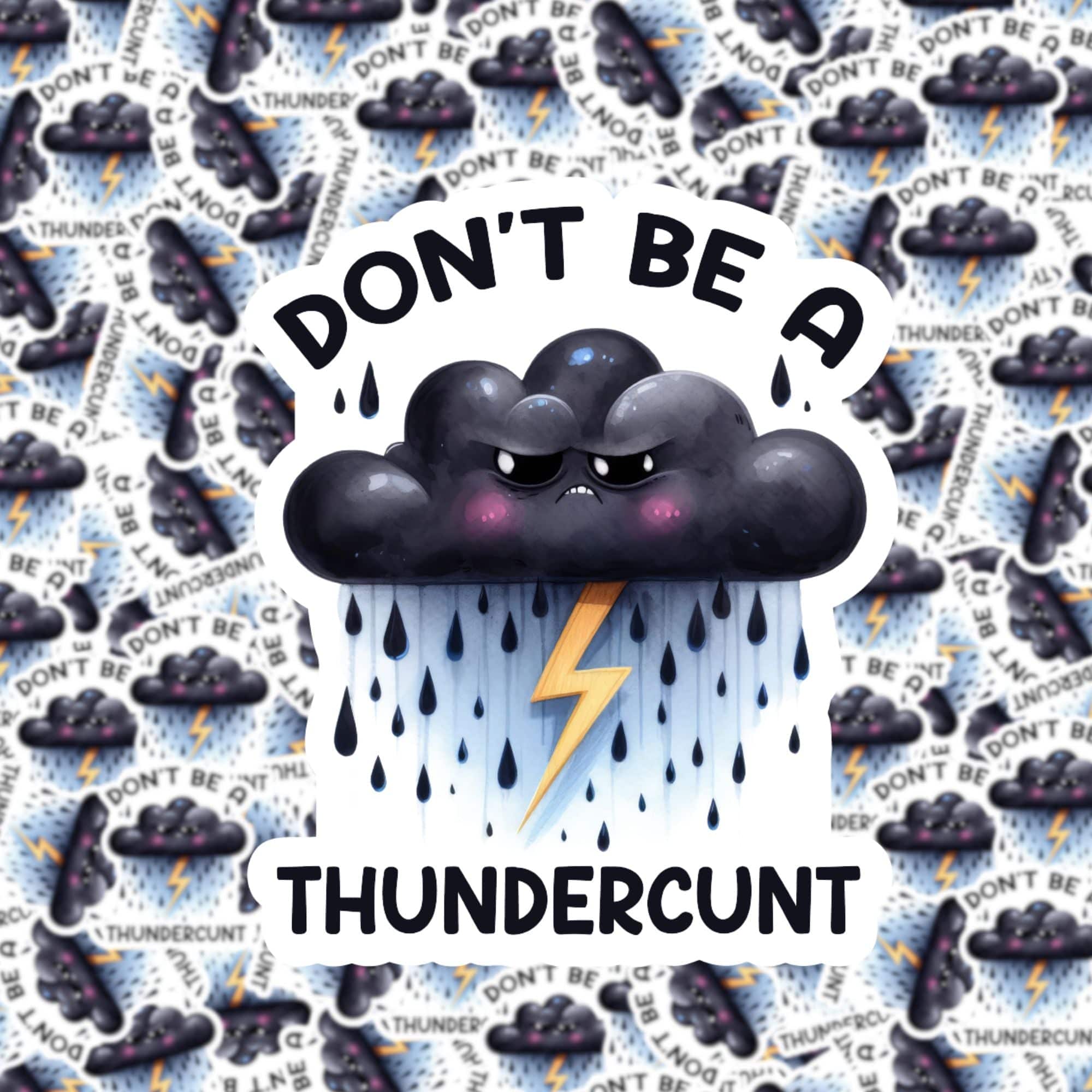 A sticker with a cartoonish design featuring a cloud with a face, lightning, and the text 'DON'T BE A THUNDERCuNT'.