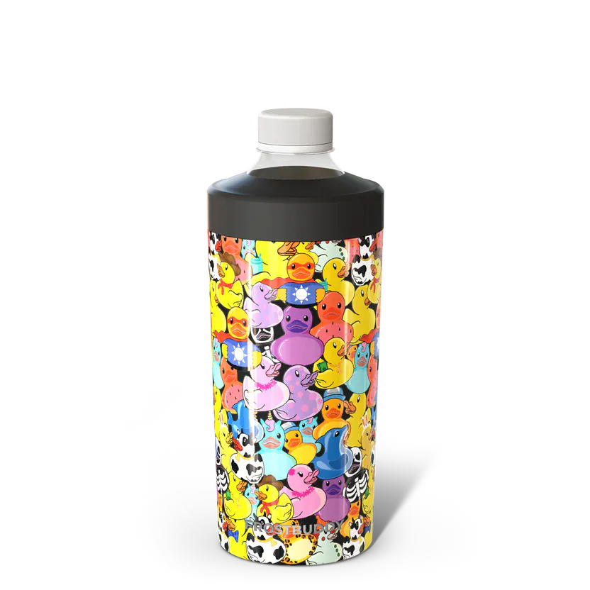 A Frost Buddy insulated can cooler featuring a dense, colorful 'duck' pattern. The design includes a variety of rubber ducks in different colors and costumes, such as a cow-print duck, a skeleton duck, and a wizard duck, shown against a transparent background.