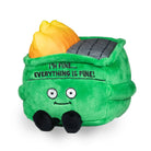 A plushie green dumpster fire with a smiley face, black embroidery that says 'i'm fine... everything is fine!' and black legs sticking out from the bottom. Yellow flames are coming out from the top.