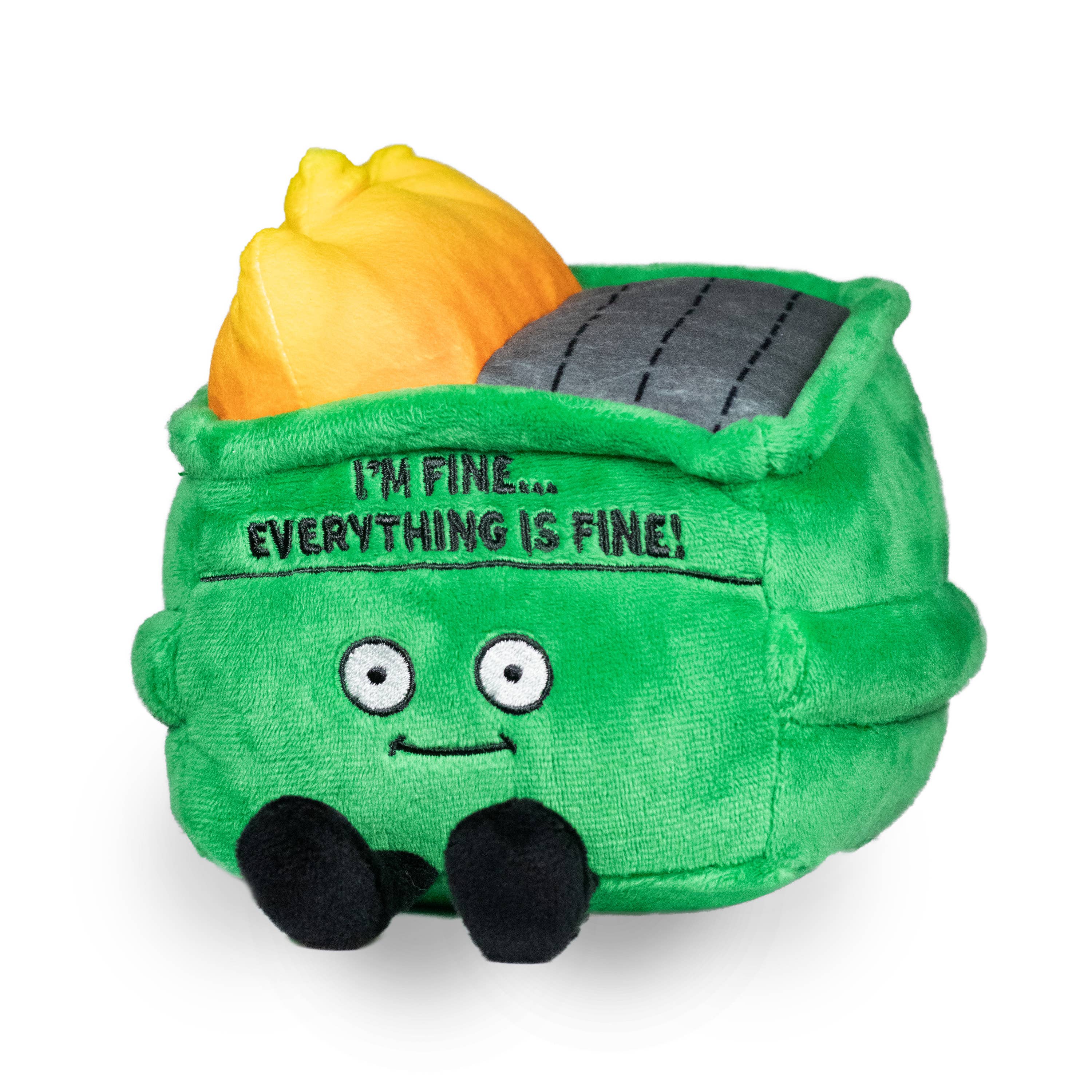 A plushie green dumpster fire with a smiley face, black embroidery that says 'i'm fine... everything is fine!' and black legs sticking out from the bottom. Yellow flames are coming out from the top.