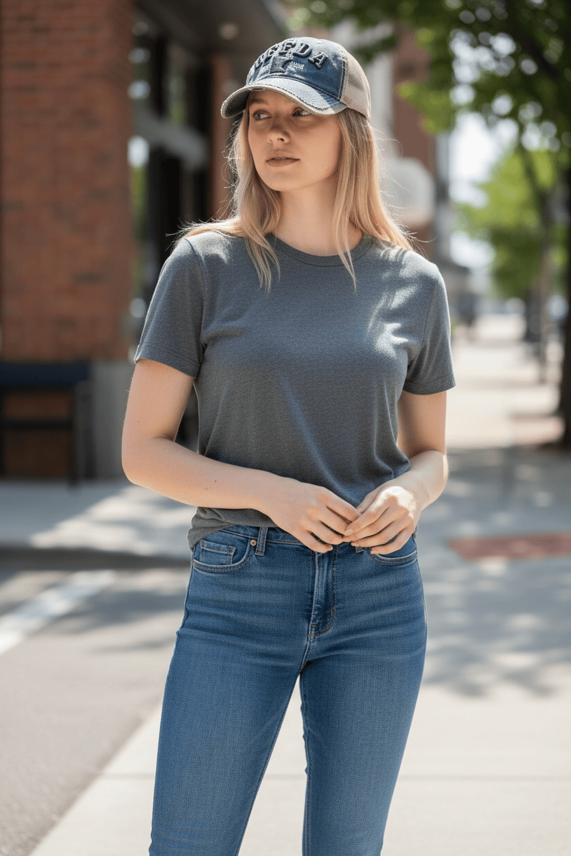 Woman wearing a gray t-shirt and blue jeans and Uff Da embroidered hat standing on a sidewalk.
